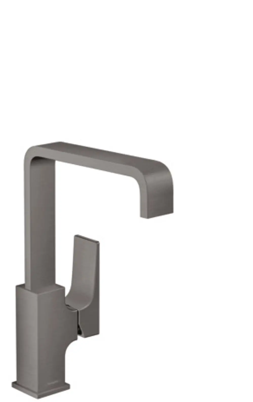 Ein Hansgrohe-Waschtischmischer mit Hebelgriff und Push-Open Ablaufgarnitur in gebürstetem Schwarzchrom. Rechteckige Form mit klaren Linien.